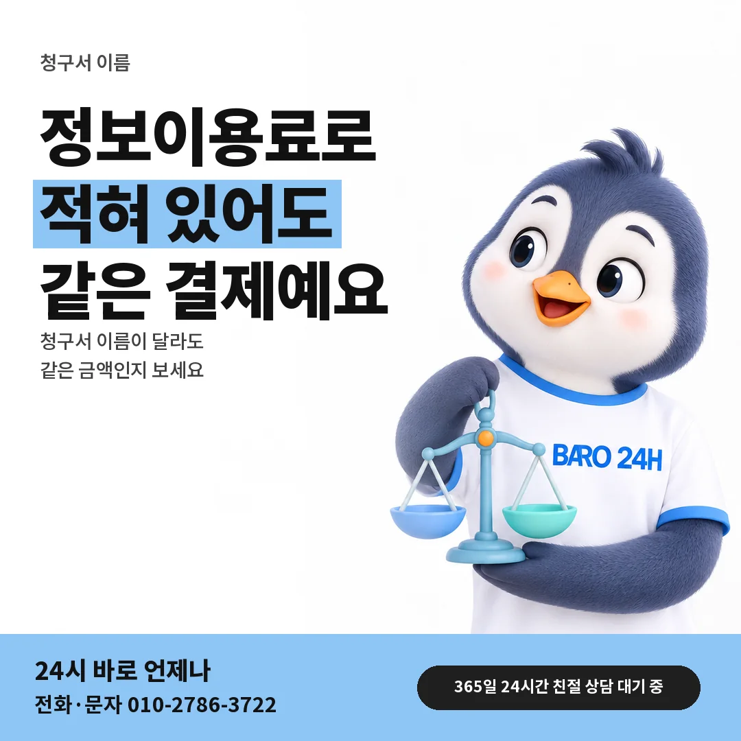 BARO 24H 티셔츠를 입은 3D 동물 캐릭터 옆에 「청구서에 적히는 이름」 제목을 얹은 안내 카드